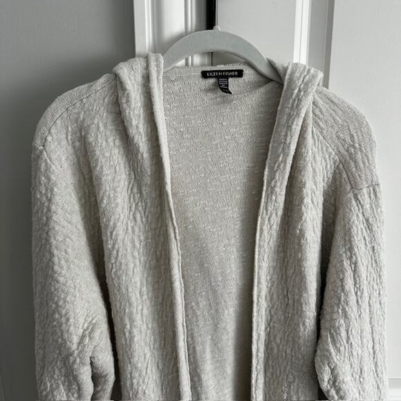 Eileen Fisher Organic Linen Blend Hooded Front Pocket Cardigan XL Oatmeal - Picture 4 of 11